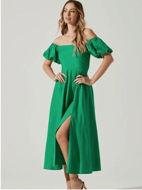ASTR the Label Green Linen Blend Puff Sleeve Off-Shoulder Midi Dress Size S